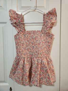 Baltic Born Coral & Cream Smocked Floral Tank Cottage Peasant Cottagecore Spring